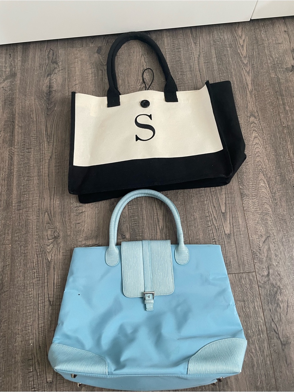 Light Blue TLight Blue Tote Bag with Silver Accents and Black and White Tote Bag
